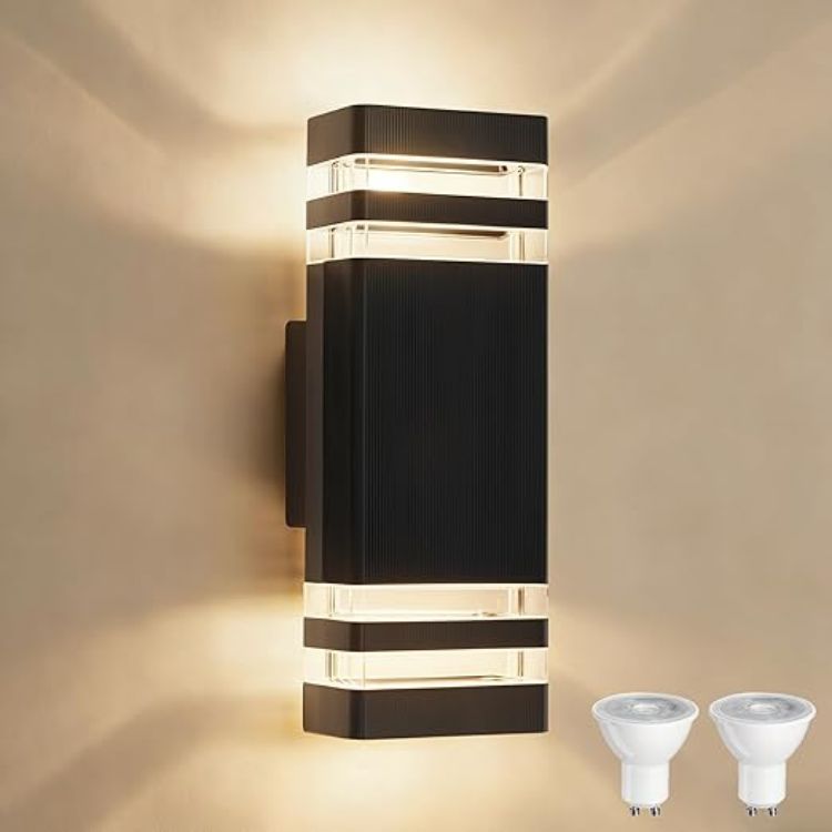 Picture of Outdoor Wall Lights Mains Powered Up Down Outside Light IP54 Waterproof Porch Front Door Light Modern Square Lighting Exterior Sconce Lamp Included 2 x 5W 3000K GU10 Bulbs for House, Anthracite Grey 