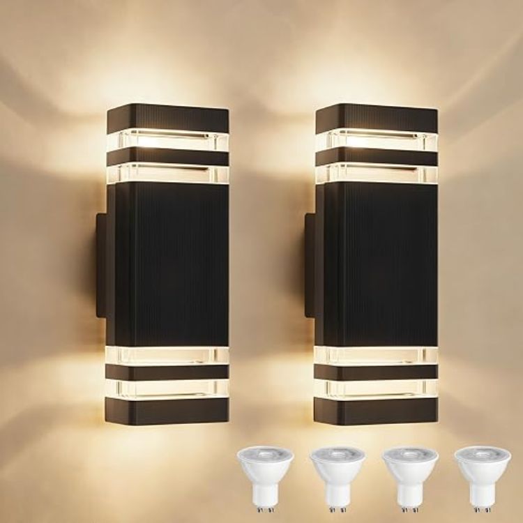 Picture of Outdoor Wall Lights Mains Powered Up Down Outside Light IP54 Waterproof Porch Front Door Light Modern Square Lighting Exterior Sconce Lamp incl. 4x5W 3000K GU10 Bulbs for House,Anthracite Grey 2 Pack 