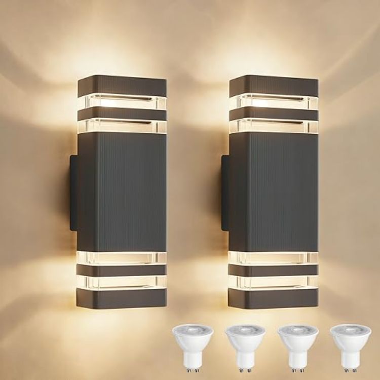 Picture of Outdoor Wall Lights Mains Powered Up Down Outside Light IP54 Waterproof Porch Front Door Light Modern Square Lighting Exterior Sconce Lamp incl. 4x5W 3000K GU10 Bulbs for House,Anthracite Grey 2 Pack 