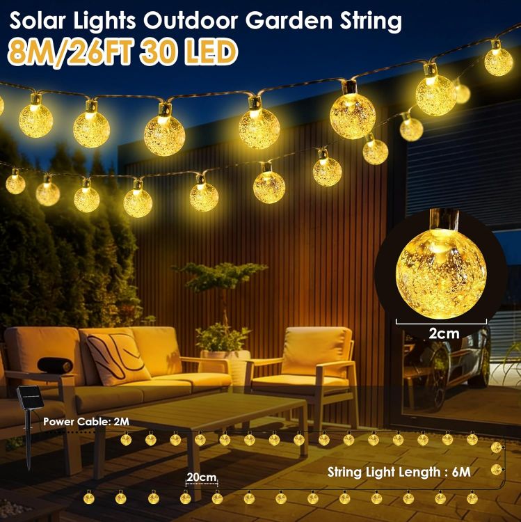 Picture of Solar Lights Outdoor Garden 8M 30LED, Waterproof LED Solar String Lights, Solar Fairy Lights 8 Mode, Crystal Ball Garden Lights for Patio, Yard, Gazebo, Tree, Wedding, Festival Decorative [Energy Class A++]