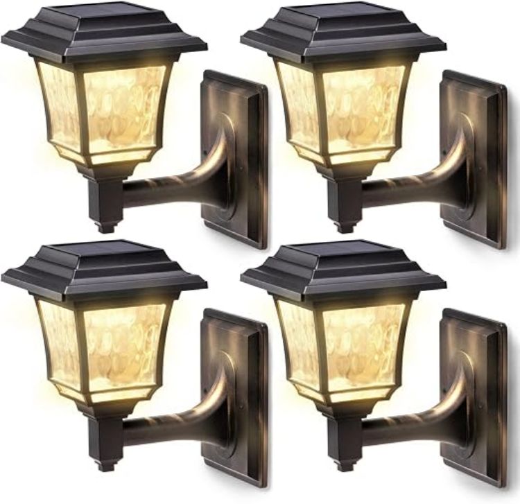 Picture of LeiDrail Solar Fence Lights Solar Lights Outdoor Garden LED Solar Powered Outdoor Wall Lights Waterproof Decor for Patio Yard Warm White 4 Pack