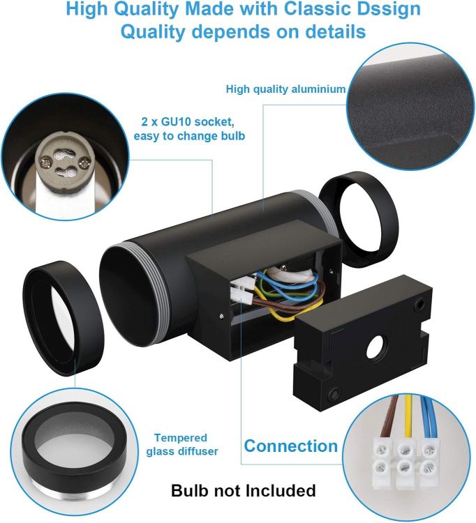 Picture of Klighten 2 pcs Black Outdoor Wall Light IP65 Up Down Outside Wall Lighting Modern Aluminum Wall Lamp for Garden Entrance Corridor Courtyard, Socket GU10, Bulb not Included 