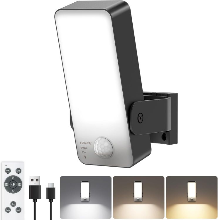 Picture of Motion Sensor Lights Outdoor, 10000mAh Rechargeable Wall Lights Battery Operated with Remote 3 Modes,3000-6000K Dimmable Timer, IP65 Waterproof LED Security Lights for Garden,Patio,Garage - 1 Pack [Energy Class A]