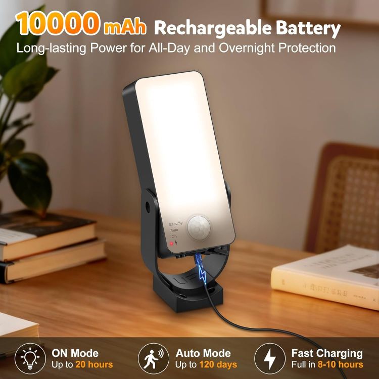 Picture of Motion Sensor Lights Outdoor, 10000mAh Rechargeable Wall Lights Battery Operated with Remote 3 Modes,3000-6000K Dimmable Timer, IP65 Waterproof LED Security Lights for Garden,Patio,Garage - 1 Pack [Energy Class A]