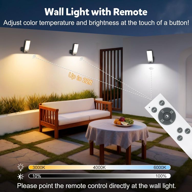 Picture of Motion Sensor Lights Outdoor, 10000mAh Rechargeable Wall Lights Battery Operated with Remote 3 Modes,3000-6000K Dimmable Timer, IP65 Waterproof LED Security Lights for Garden,Patio,Garage - 1 Pack [Energy Class A]