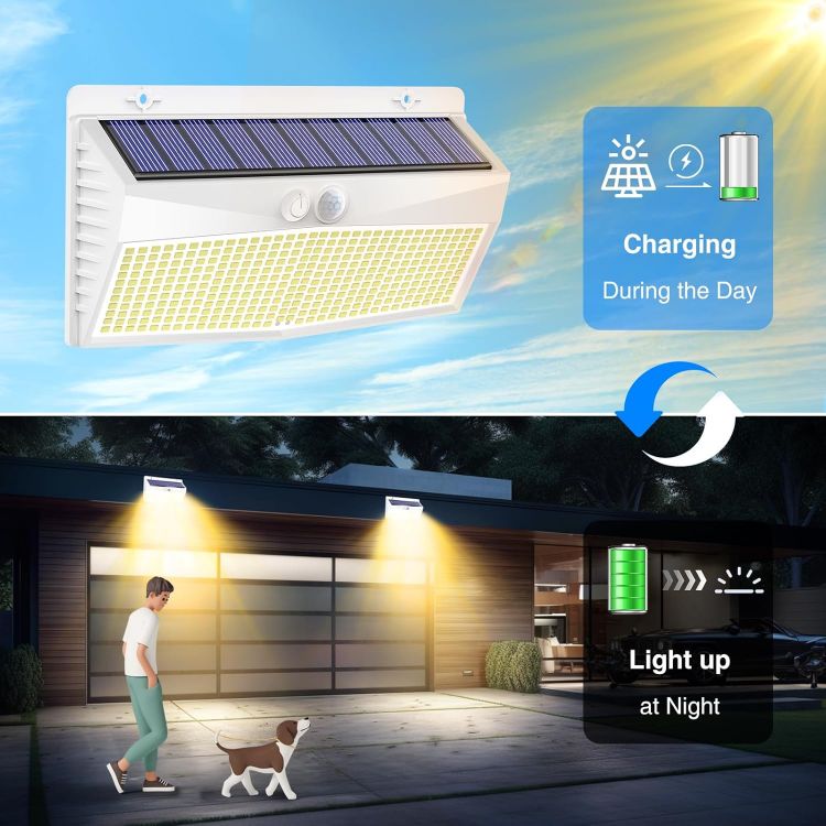 Picture of Solar Lights Outdoor Garden, White Frame/Warm White 368LED Super Bright Solar Security Lights Outdoor Motion Sensor with 3 Modes, Outdoor Lights Waterproof