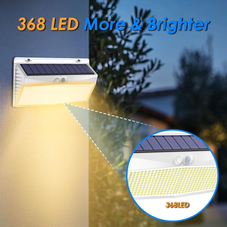 Picture of Solar Lights Outdoor Garden, White Frame/Warm White 368LED Super Bright Solar Security Lights Outdoor Motion Sensor with 3 Modes, Outdoor Lights Waterproof