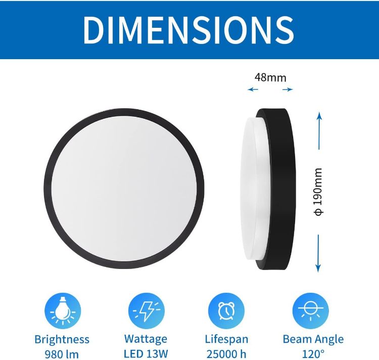 Picture of 13W Outside Black Bulkhead Lights, IP54 Led Round Porch Light,980LM,4000K Natural White Sauna Wall Light,Waterproof Porch Sconce Lights fo,Kitchen, Bedroom,Living Room,220-240V