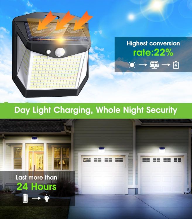 Picture of Solar Security Lights Outdoor Garden - 248 LED Outdoor Garden Wall Lights 3 Modes Motion Sensor Outside Solar Panel Powered Flood Light IP65 Waterproof for Garage Yard Fence Front Door 2 Pack 