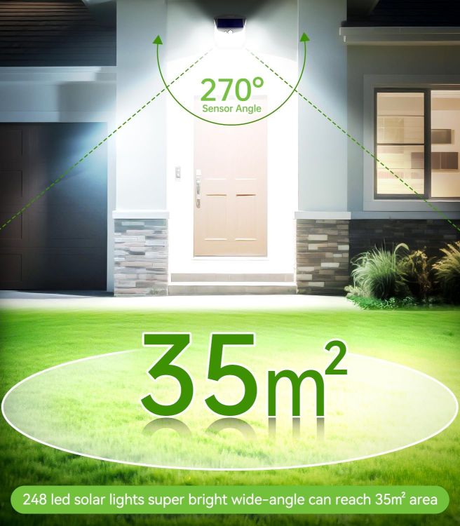 Picture of Solar Security Lights Outdoor Garden - 248 LED Outdoor Garden Wall Lights 3 Modes Motion Sensor Outside Solar Panel Powered Flood Light IP65 Waterproof for Garage Yard Fence Front Door 2 Pack 