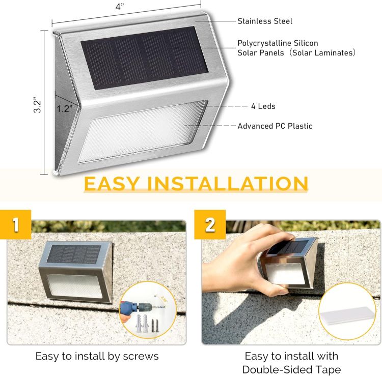 Picture of Solpex Solar Fence Lights Outdor Garden, Waterproof Solar Step Lights, Stainless Steel Led Lighting Decoration for Stair Deck Wall Patio Porch Yard Pathway Walkway (6 Pack, Warm White) [Energy Class A]