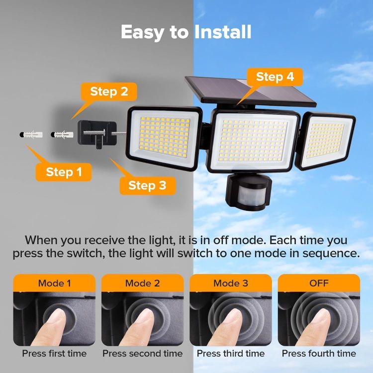 Picture of Solar Outdoor Security Light 302 LED 1500LM, Motion Sensor Waterproof Solar Flood Light, 3 Heads 270° Wide Angle 3 Modes for Garden Patio Yard [Energy Class A]