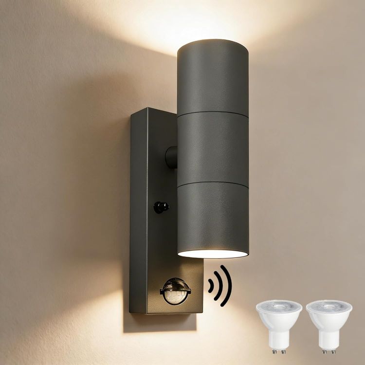 Picture of Motion Sensor Outdoor Wall Lights Up and Down, Incl. 2x5w 3000K GU10 Bulbs,Stainless Steel PIR Outside Light Mains Powered, IP54 Waterproof Front Door Lamp Porch (Anthracite Gray-1 Pack