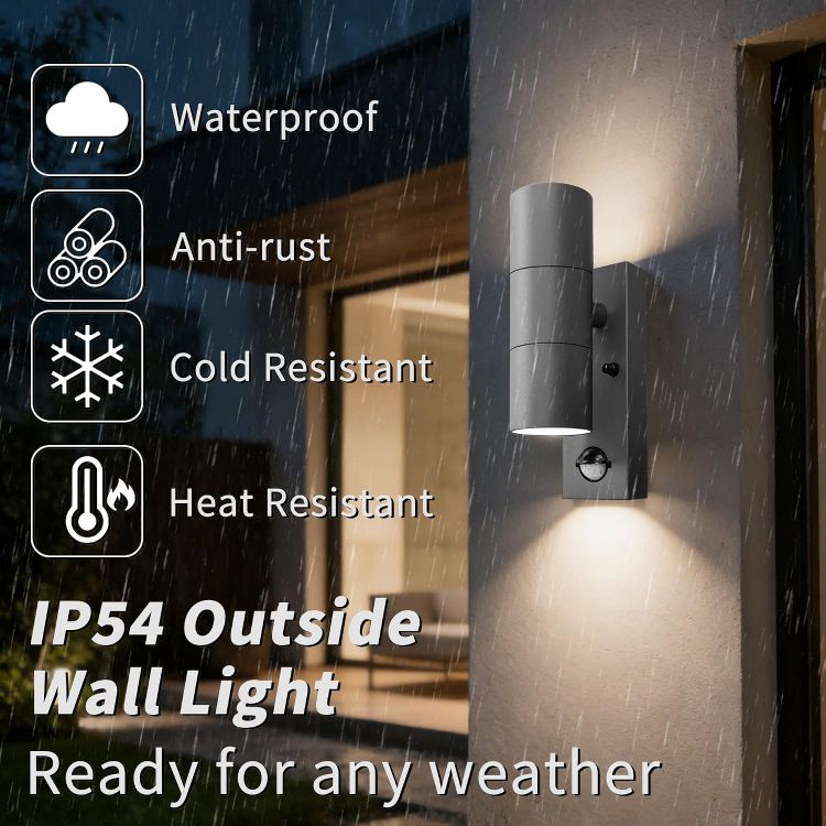 Picture of Motion Sensor Outdoor Wall Lights Up and Down, Incl. 2x5w 3000K GU10 Bulbs,Stainless Steel PIR Outside Light Mains Powered, IP54 Waterproof Front Door Lamp Porch (Anthracite Gray-1 Pack