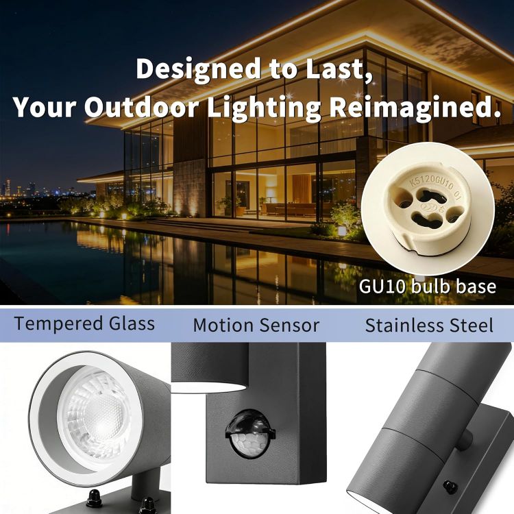 Picture of Motion Sensor Outdoor Wall Lights Up and Down, Incl. 2x5w 3000K GU10 Bulbs,Stainless Steel PIR Outside Light Mains Powered, IP54 Waterproof Front Door Lamp Porch (Anthracite Gray-1 Pack