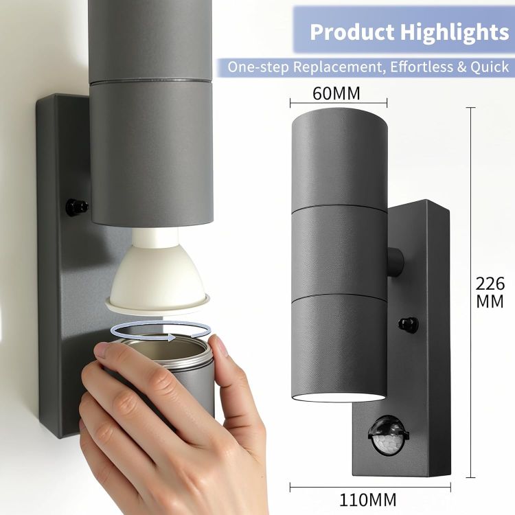 Picture of Motion Sensor Outdoor Wall Lights Up and Down, Incl. 2x5w 3000K GU10 Bulbs,Stainless Steel PIR Outside Light Mains Powered, IP54 Waterproof Front Door Lamp Porch (Anthracite Gray-1 Pack