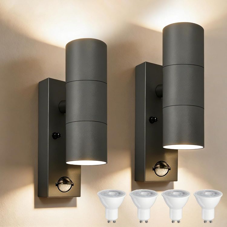 Picture of Motion Sensor Outdoor Wall Lights Up and Down, Incl. 2x5w 3000K GU10 Bulbs,Stainless Steel PIR Outside Light Mains Powered, IP54 Waterproof Front Door Lamp Porch (Anthracite Gray-1 Pack