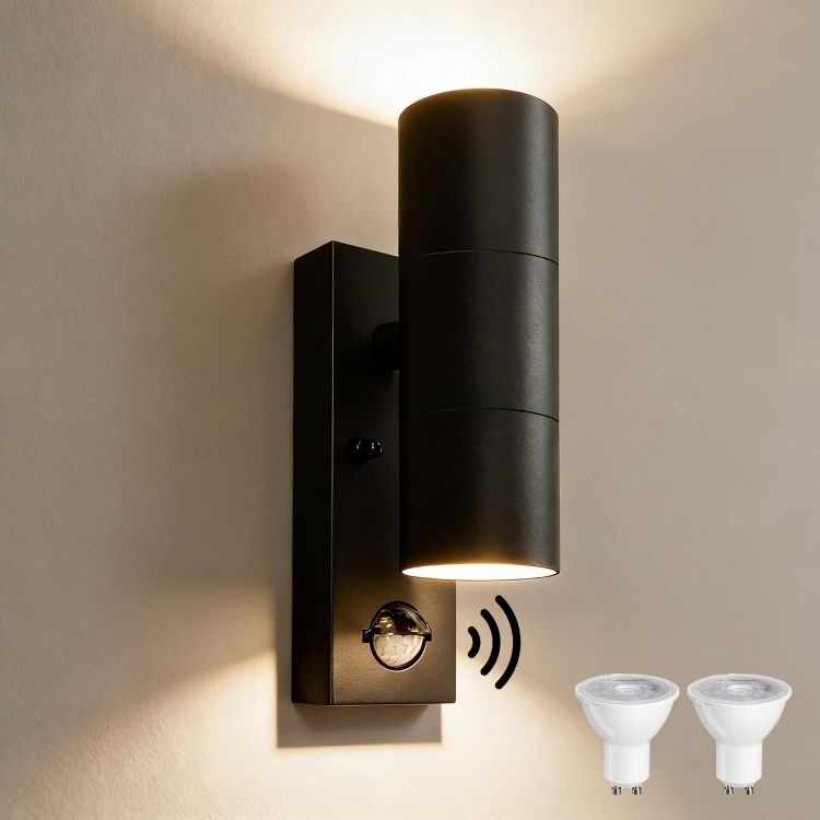 Picture of Motion Sensor Outdoor Wall Lights Up and Down, Incl. 2x5w 3000K GU10 Bulbs,Stainless Steel PIR Outside Light Mains Powered, IP54 Waterproof Front Door Lamp Porch [Energy Class F]