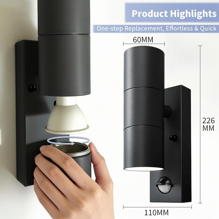 Picture of Motion Sensor Outdoor Wall Lights Up and Down, Incl. 2x5w 3000K GU10 Bulbs,Stainless Steel PIR Outside Light Mains Powered, IP54 Waterproof Front Door Lamp Porch [Energy Class F]