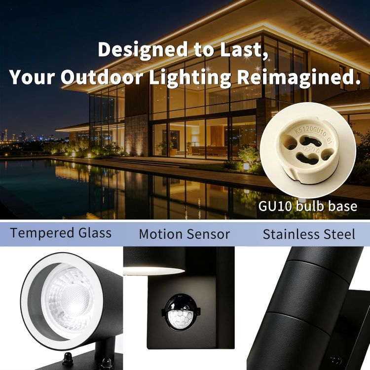 Picture of Motion Sensor Outdoor Wall Lights Up and Down, Incl. 2x5w 3000K GU10 Bulbs,Stainless Steel PIR Outside Light Mains Powered, IP54 Waterproof Front Door Lamp Porch [Energy Class F]
