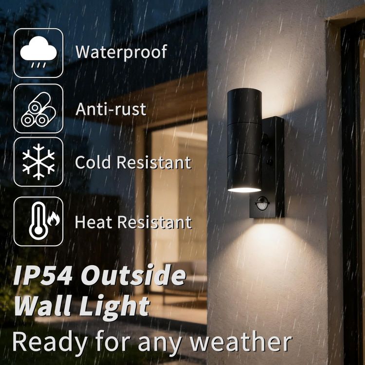 Picture of Motion Sensor Outdoor Wall Lights Up and Down, Incl. 2x5w 3000K GU10 Bulbs,Stainless Steel PIR Outside Light Mains Powered, IP54 Waterproof Front Door Lamp Porch [Energy Class F]