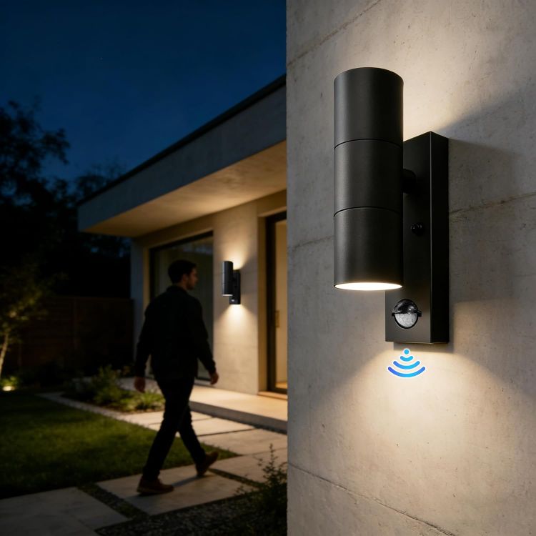 Picture of Motion Sensor Outdoor Wall Lights Up and Down, Incl. 2x5w 3000K GU10 Bulbs,Stainless Steel PIR Outside Light Mains Powered, IP54 Waterproof Front Door Lamp Porch [Energy Class F]
