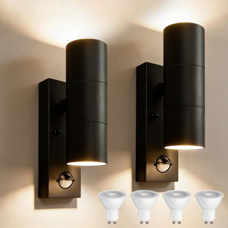 Picture of Motion Sensor Outdoor Wall Lights Up and Down, Incl. 2x5w 3000K GU10 Bulbs,Stainless Steel PIR Outside Light Mains Powered, IP54 Waterproof Front Door Lamp Porch [Energy Class F]