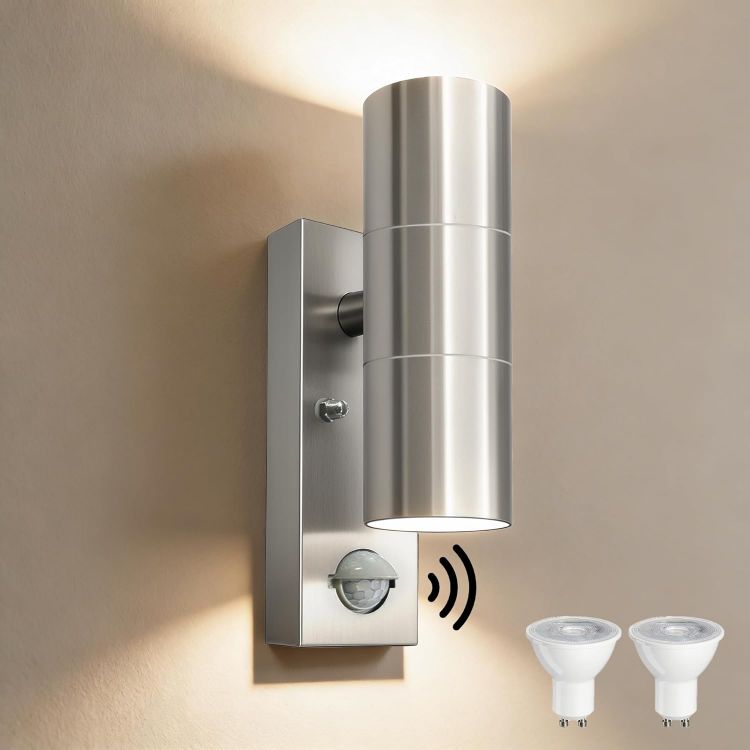 Picture of Motion Sensor Outdoor Wall Lights Up and Down, Incl. 2x5w 3000K GU10 Bulbs,Stainless Steel PIR Outside Light Mains Powered, IP54 Waterproof Front Door Lamp Porch (Silver-1 Pack) [Energy Class F]