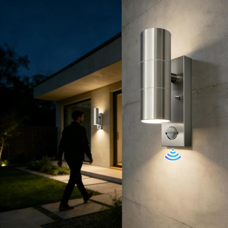 Picture of Motion Sensor Outdoor Wall Lights Up and Down, Incl. 2x5w 3000K GU10 Bulbs,Stainless Steel PIR Outside Light Mains Powered, IP54 Waterproof Front Door Lamp Porch (Silver-1 Pack) [Energy Class F]