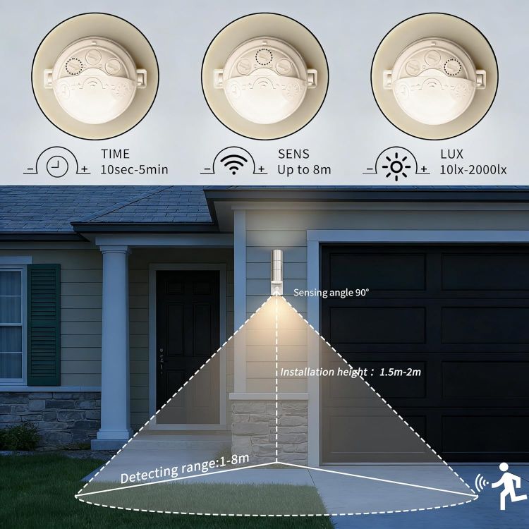 Picture of Motion Sensor Outdoor Wall Lights Up and Down, Incl. 2x5w 3000K GU10 Bulbs,Stainless Steel PIR Outside Light Mains Powered, IP54 Waterproof Front Door Lamp Porch (Silver-1 Pack) [Energy Class F]