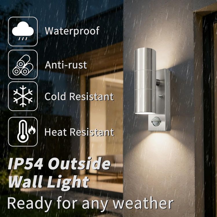 Picture of Motion Sensor Outdoor Wall Lights Up and Down, Incl. 2x5w 3000K GU10 Bulbs,Stainless Steel PIR Outside Light Mains Powered, IP54 Waterproof Front Door Lamp Porch (Silver-1 Pack) [Energy Class F]