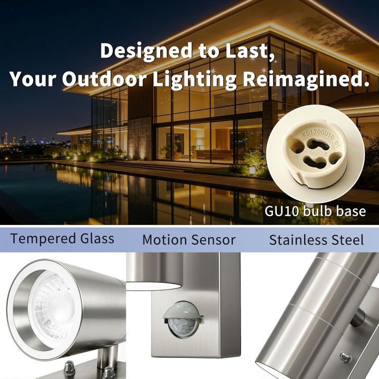 Picture of Motion Sensor Outdoor Wall Lights Up and Down, Incl. 2x5w 3000K GU10 Bulbs,Stainless Steel PIR Outside Light Mains Powered, IP54 Waterproof Front Door Lamp Porch (Silver-1 Pack) [Energy Class F]