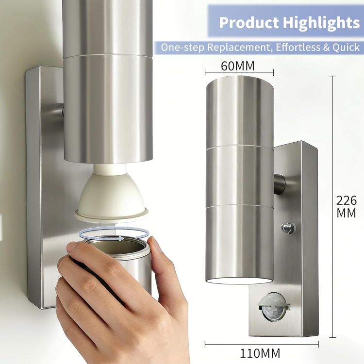 Picture of Motion Sensor Outdoor Wall Lights Up and Down, Incl. 2x5w 3000K GU10 Bulbs,Stainless Steel PIR Outside Light Mains Powered, IP54 Waterproof Front Door Lamp Porch (Silver-1 Pack) [Energy Class F]