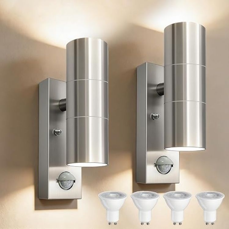 Picture of Motion Sensor Outdoor Wall Lights Up and Down, Incl. 2x5w 3000K GU10 Bulbs,Stainless Steel PIR Outside Light Mains Powered, IP54 Waterproof Front Door Lamp Porch (Silver-1 Pack) [Energy Class F]