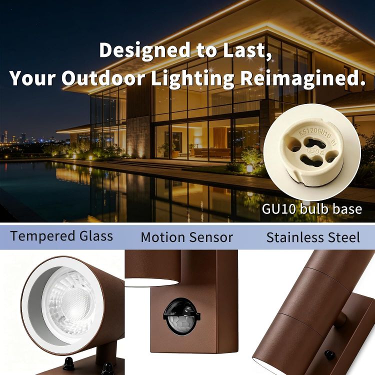 Picture of Motion Sensor Outdoor Wall Lights Up and Down, Incl. 2x5w 3000K GU10 Bulbs,Stainless Steel PIR Outside Light Mains Powered, IP54 Waterproof Front Door Lamp Porch (Rust Red-1 Pack) [Energy Class F]