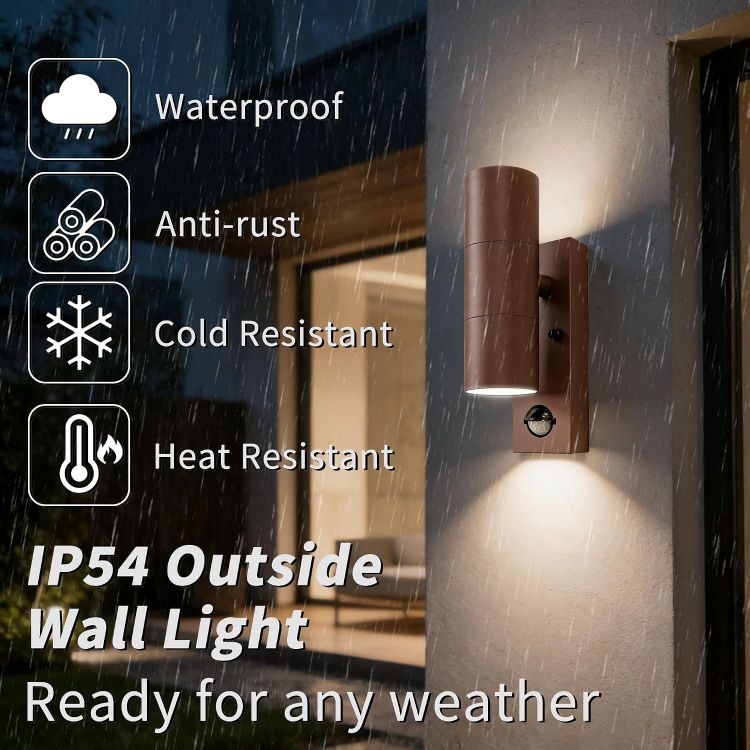 Picture of Motion Sensor Outdoor Wall Lights Up and Down, Incl. 2x5w 3000K GU10 Bulbs,Stainless Steel PIR Outside Light Mains Powered, IP54 Waterproof Front Door Lamp Porch (Rust Red-1 Pack) [Energy Class F]