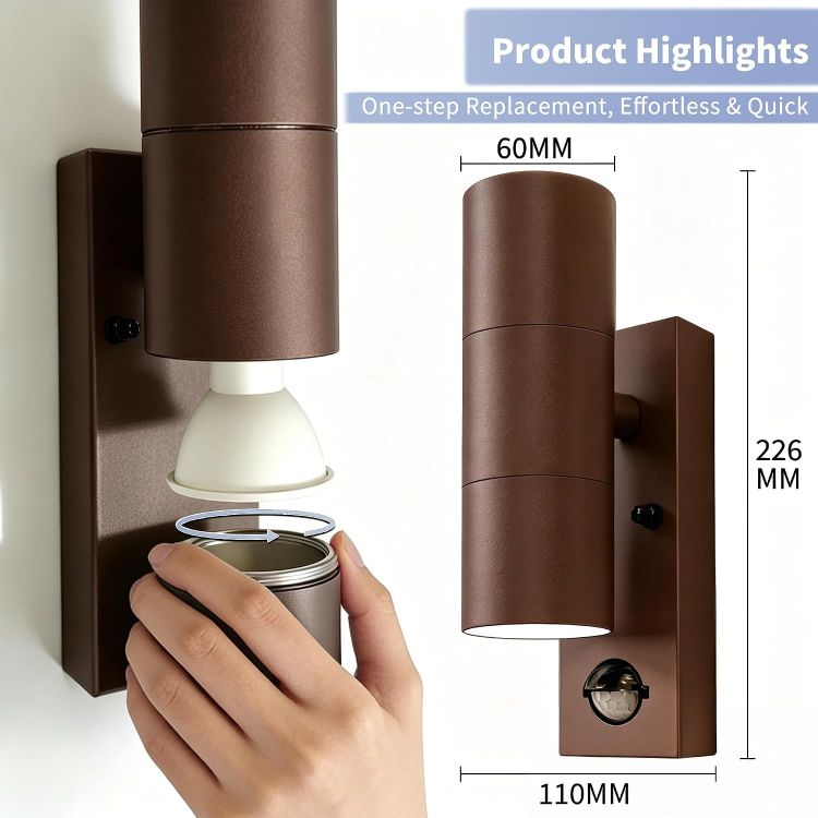 Picture of Motion Sensor Outdoor Wall Lights Up and Down, Incl. 2x5w 3000K GU10 Bulbs,Stainless Steel PIR Outside Light Mains Powered, IP54 Waterproof Front Door Lamp Porch (Rust Red-1 Pack) [Energy Class F]