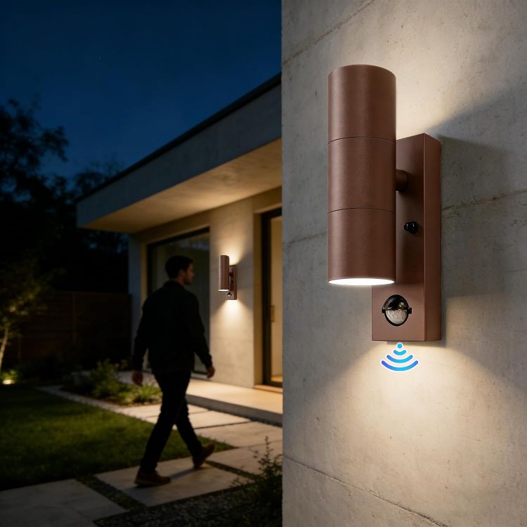 Picture of Motion Sensor Outdoor Wall Lights Up and Down, Incl. 2x5w 3000K GU10 Bulbs,Stainless Steel PIR Outside Light Mains Powered, IP54 Waterproof Front Door Lamp Porch (Rust Red-1 Pack) [Energy Class F]