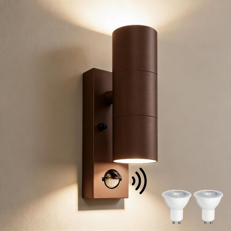 Picture of Motion Sensor Outdoor Wall Lights Up and Down, Incl. 2x5w 3000K GU10 Bulbs,Stainless Steel PIR Outside Light Mains Powered, IP54 Waterproof Front Door Lamp Porch (Rust Red-1 Pack) [Energy Class F]