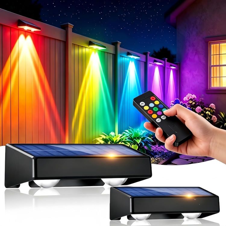 Picture of Solar Fence Lights Outdoor with Remote, 9 Colours RGB Garden Lights 2 Pack | Ultra-bright dual LED spot lens lights with 12 modes. Ideal for garden, yard, patio, backyard, porch & pool decor [Energy Class A]