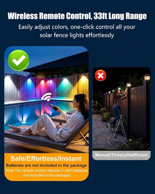 Picture of Solar Fence Lights Outdoor with Remote, 9 Colours RGB Garden Lights 2 Pack | Ultra-bright dual LED spot lens lights with 12 modes. Ideal for garden, yard, patio, backyard, porch & pool decor [Energy Class A]