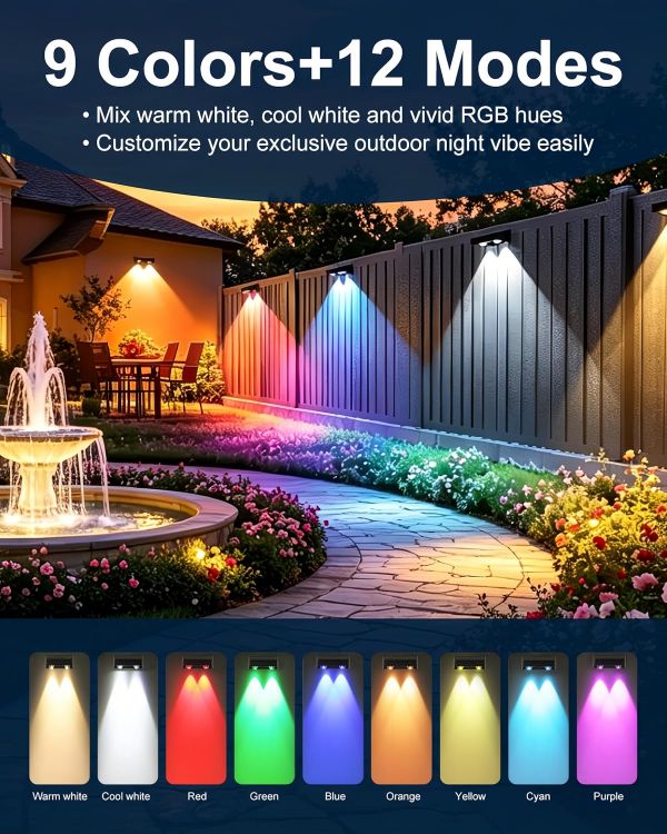 Picture of Solar Fence Lights Outdoor with Remote, 9 Colours RGB Garden Lights 2 Pack | Ultra-bright dual LED spot lens lights with 12 modes. Ideal for garden, yard, patio, backyard, porch & pool decor [Energy Class A]