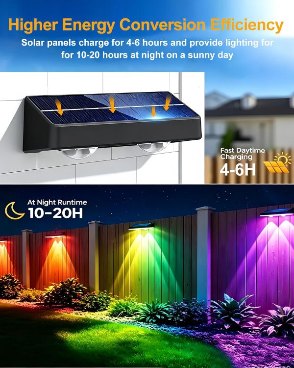 Picture of Solar Fence Lights Outdoor with Remote, 9 Colours RGB Garden Lights 2 Pack | Ultra-bright dual LED spot lens lights with 12 modes. Ideal for garden, yard, patio, backyard, porch & pool decor [Energy Class A]