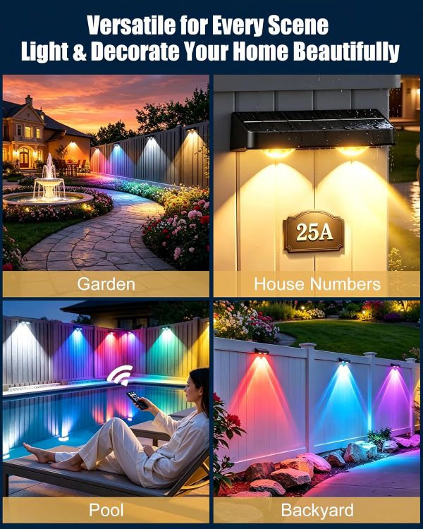 Picture of Solar Fence Lights Outdoor with Remote, 9 Colours RGB Garden Lights 2 Pack | Ultra-bright dual LED spot lens lights with 12 modes. Ideal for garden, yard, patio, backyard, porch & pool decor [Energy Class A]