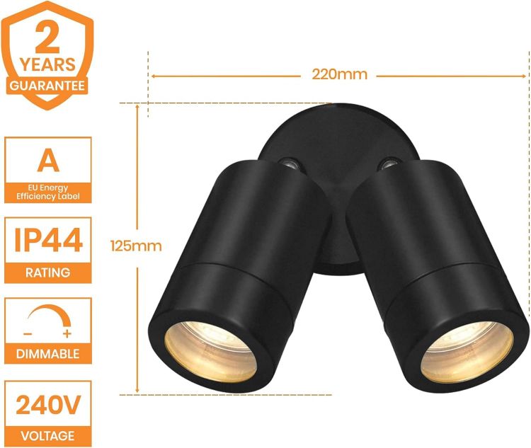 Picture of National Lighting Palin IP44 Rated Outdoor Twin Spotlights, Matt Black Steel Adjustable Tilt Outside Lights, Mains Powered Security Spot Lights, 2X 7W 240V LED GU10 (Not Included) [Energy Class A]