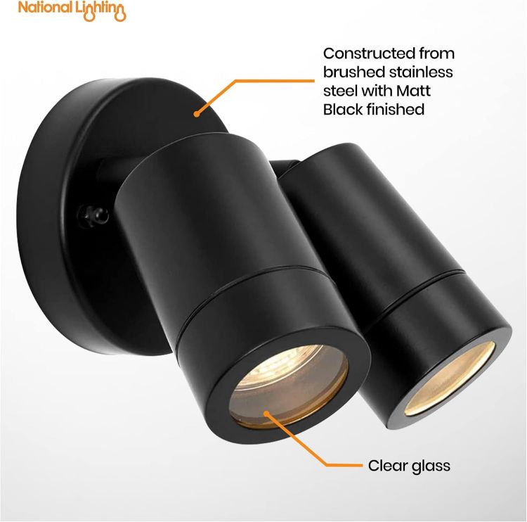 Picture of National Lighting Palin IP44 Rated Outdoor Twin Spotlights, Matt Black Steel Adjustable Tilt Outside Lights, Mains Powered Security Spot Lights, 2X 7W 240V LED GU10 (Not Included) [Energy Class A]