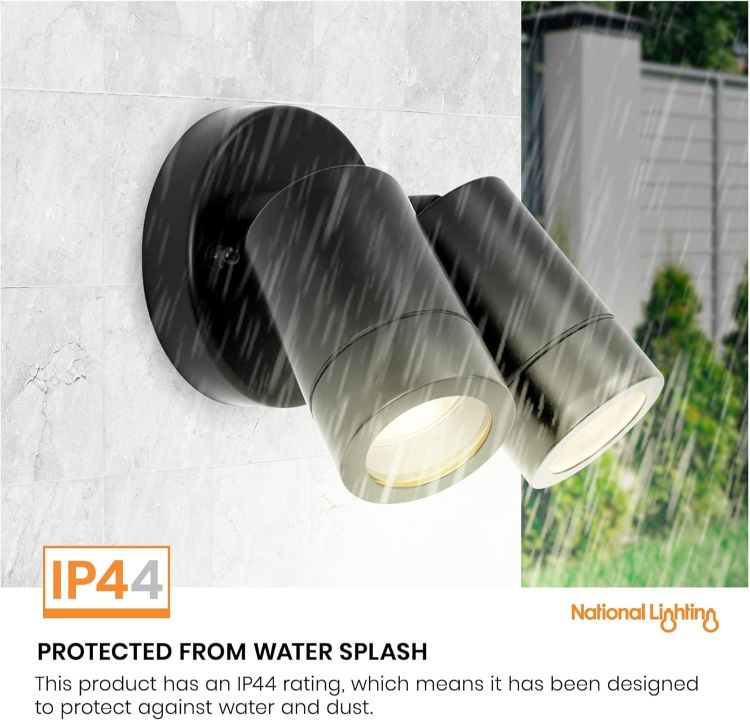 Picture of National Lighting Palin IP44 Rated Outdoor Twin Spotlights, Matt Black Steel Adjustable Tilt Outside Lights, Mains Powered Security Spot Lights, 2X 7W 240V LED GU10 (Not Included) [Energy Class A]
