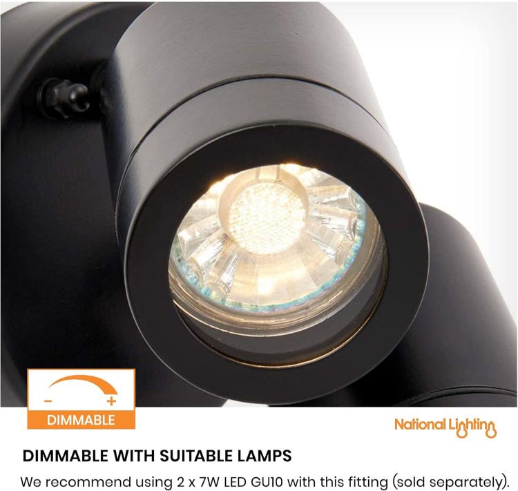 Picture of National Lighting Palin IP44 Rated Outdoor Twin Spotlights, Matt Black Steel Adjustable Tilt Outside Lights, Mains Powered Security Spot Lights, 2X 7W 240V LED GU10 (Not Included) [Energy Class A]