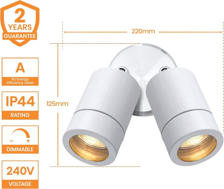 Picture of National Lighting IP44 Rated Outdoor Twin Spotlights, Gloss White Steel Adjustable Tilt Outside Lights, Mains Powered Security Spot Lights, 2X 7W 240V LED GU10 (Not Included) [Energy Class A]