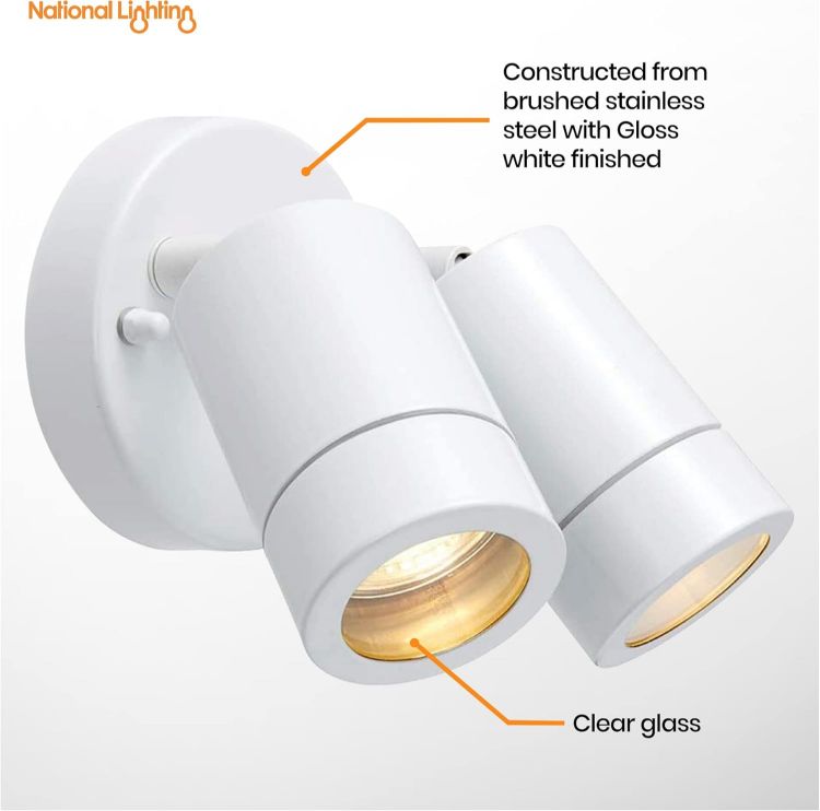 Picture of National Lighting IP44 Rated Outdoor Twin Spotlights, Gloss White Steel Adjustable Tilt Outside Lights, Mains Powered Security Spot Lights, 2X 7W 240V LED GU10 (Not Included) [Energy Class A]